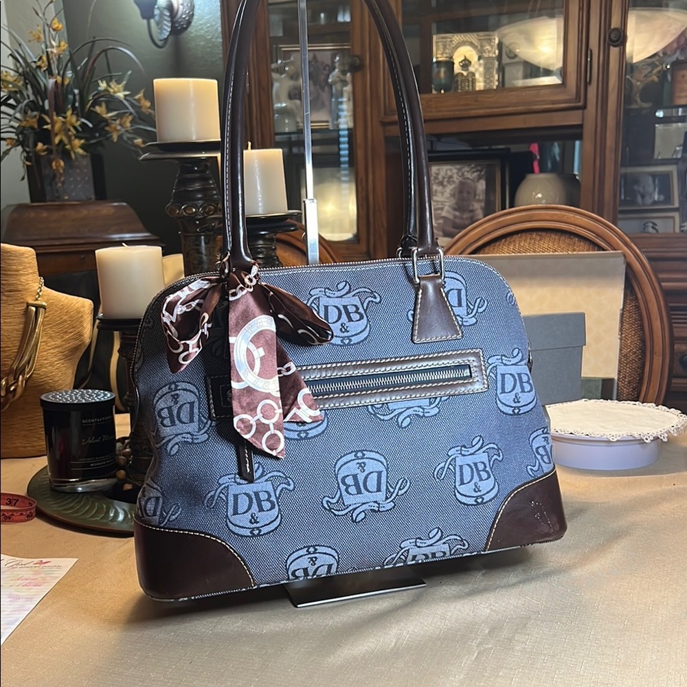 Dooney & Bourke Denim Blue Heraldry Crests with Bark Brown Leather Trim Bag